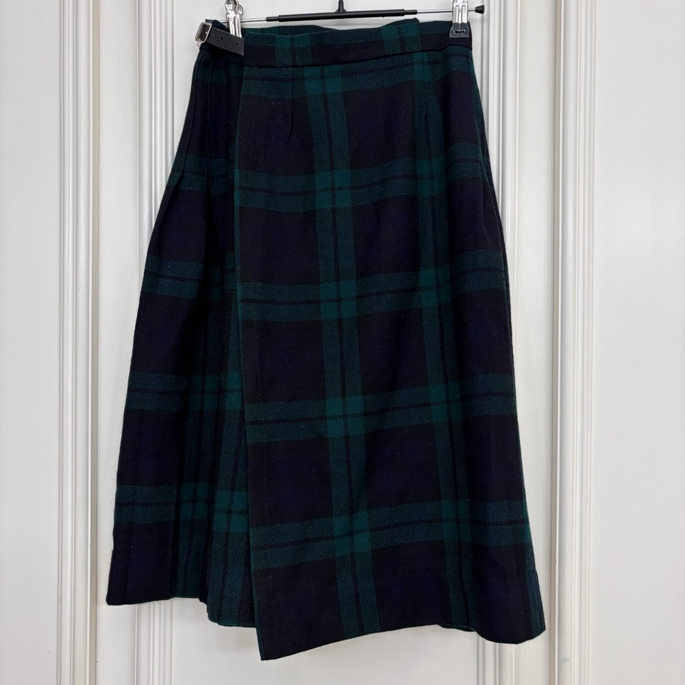 Vintage 100% Wool Pleated Green Tartan Plaid Made In Scotland Midi Skirt Size 10